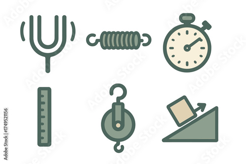 Scientific measurement tools and fundamental mechanical physics concepts icons