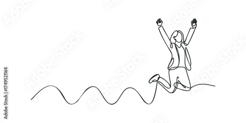 One Line Drawing of Joyful Person Jumping with Arms Raised