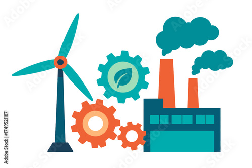 Sustainable energy wind turbine next to industrial factory pollution and mechanical gears