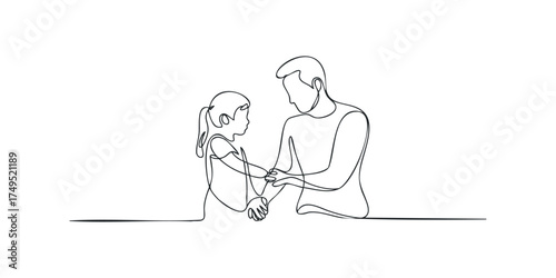 Father and daughter holding hands in simple line art style