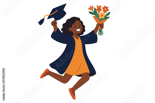 Joyful young woman celebrating graduation jumping high in cap and gown holding flowers and mortarboard