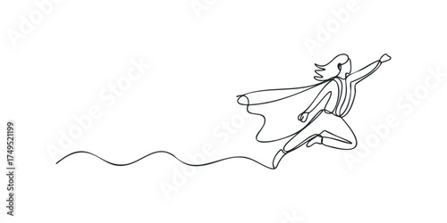 One line drawing of a superhero flying with cape