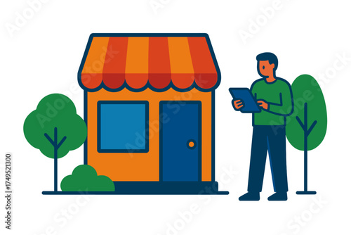 Person checking inventory data on a tablet outside a colorful small business storefront