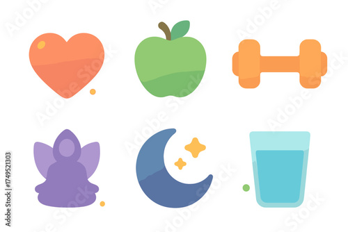 Six essential wellness symbols for healthy lifestyle including heart, apple, and sleep