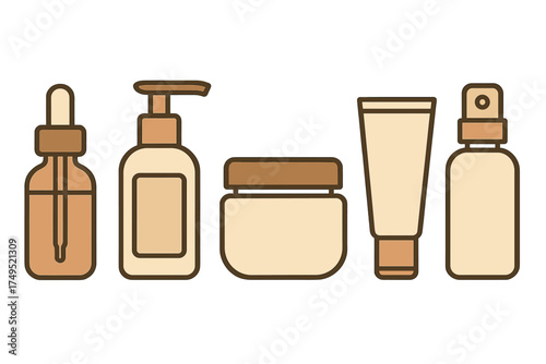 Collection of cosmetic and skincare product containers including dropper, pump, jar, tube, and spray bottles
