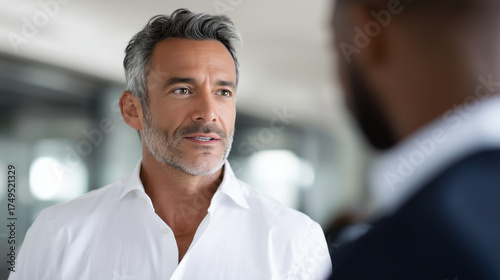 Two businessmen having serious conversation in contemporary office, mature man confidently presenting his experience during job interview, career opportunity discussion business in
