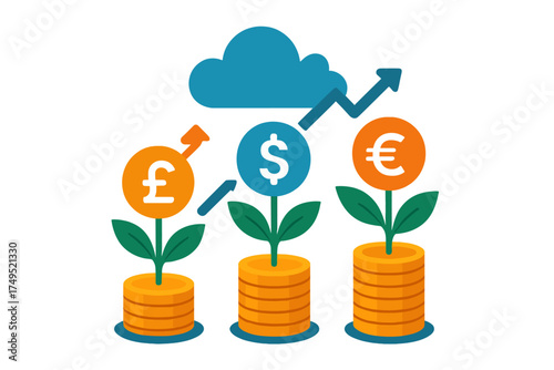 Pound Dollar Euro currency plants growing from coin stacks symbolizing investment and profit
