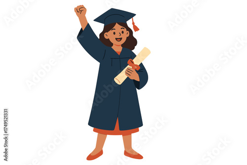 Happy graduate student celebrating academic success holding diploma scroll and raising triumphant fist