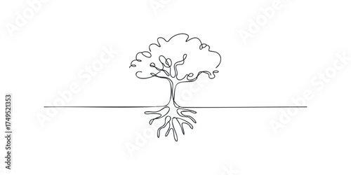 Single line drawing of a tree with visible roots and branches