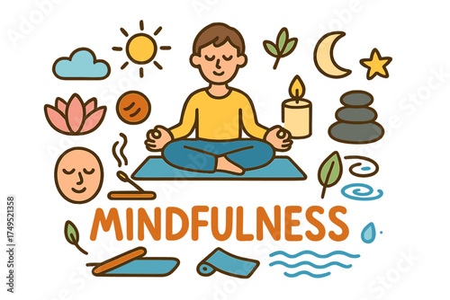 Mindfulness Icons. Mindfulness. Hand-drawn doodle illustration of Mindfulness. person meditating, lotus flower