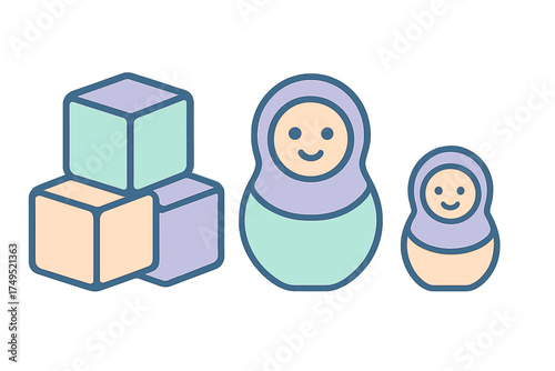 Pastel colored wooden building blocks stacked next to traditional Russian Matryoshka dolls