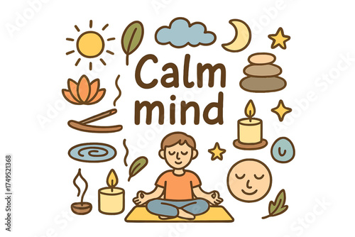 Calm Mind Doodle. Calm mind. Hand-drawn doodle illustration of Calm mind. closed eyes, person meditating,