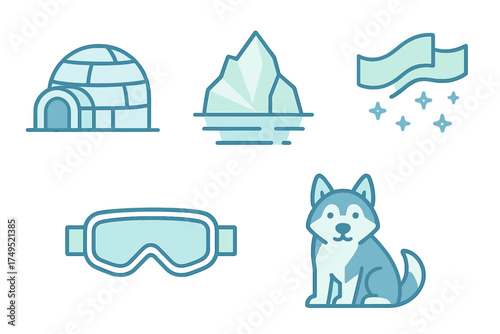 Arctic cold climate symbols set featuring igloo, husky dog, iceberg, and Northern Lights