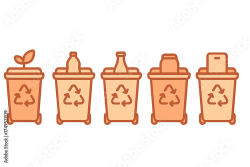 Five recycling bins for sorting different types of waste including organic plastic glass metal and paper