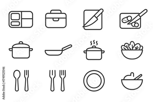 Healthy Eating Icons. Healthy eating habits. Line outline icon set of Healthy eating habits: meal prep