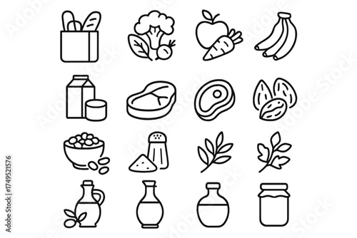 Healthy Eating Icons. Healthy eating habits. Line outline icon set of Healthy eating habits: grocery bag,