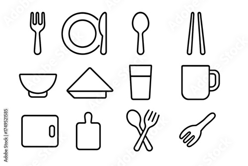 Healthy Eating Icons. Healthy eating habits. Line outline icon set of Healthy eating habits: eating utensils,