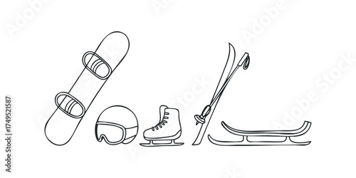 Outline drawing of winter sports equipment on white