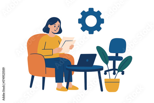 Woman sitting comfortably in an armchair reading documents while working remotely with a laptop and settings icon