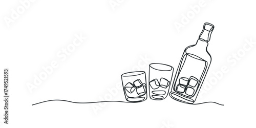 Continuous line drawing of a bottle and two glasses with ice