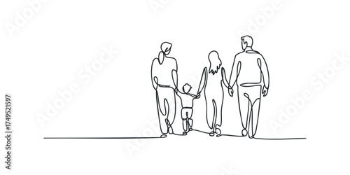 Family of four holding hands walking together continuous line drawing