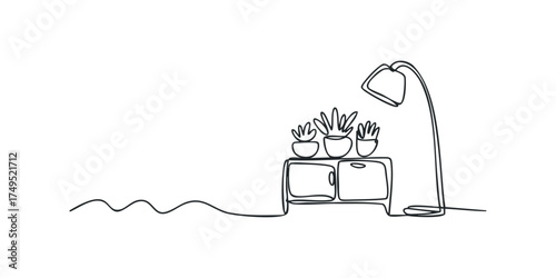 Minimalist Line Drawing of Potted Plants and Floor Lamp