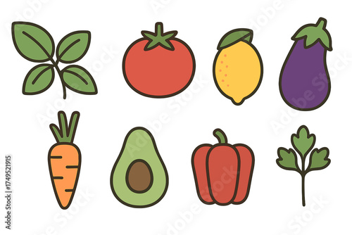 Set of fresh vegetables and fruits including tomato lemon eggplant carrot avocado pepper and herbs