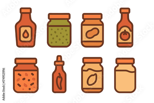 Set of various food jars and bottles containing sauces spreads and preserves