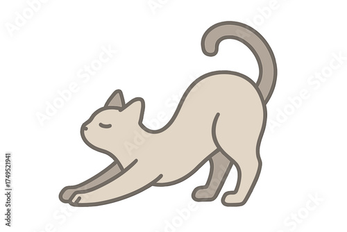 Stylized domestic cat stretching in a relaxed pose with closed eyes on a clean white background