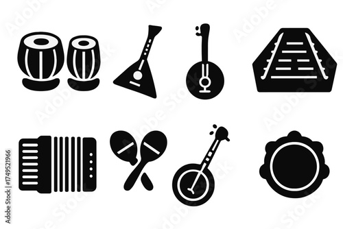 Cultural Instruments Icons. Cultural Instruments. Filled icon set of Cultural Instruments: tabla, balalaika,