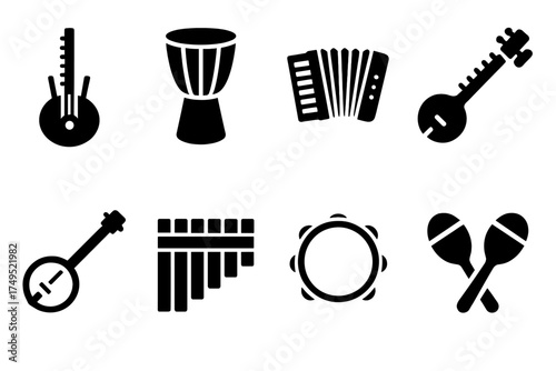 Ethnic Instrument Icons. Ethnic Ensemble. Filled icon set of Ethnic Ensemble: kora, djembe, accordion, sitar,