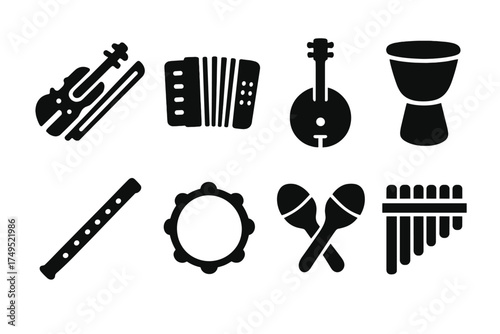 Folk Music Icons. Folk Music Ensemble. Filled icon set of Folk Music Ensemble: fiddle, accordion, banjo,
