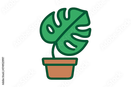 Stylized green Monstera deliciosa leaf growing in a brown terracotta pot
