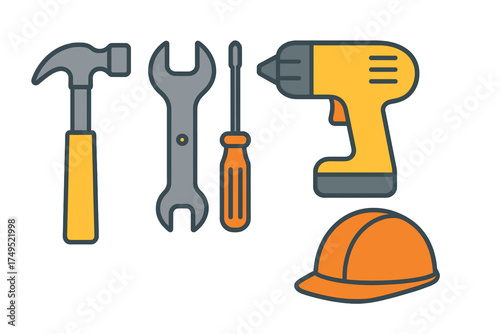 Set of essential repair and construction tools including hammer wrench screwdriver and safety helmet