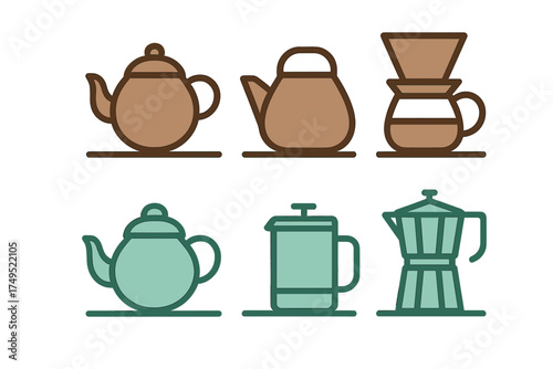 Stylized kitchen utensils assortment for hot drinks, teapots and coffee makers icons