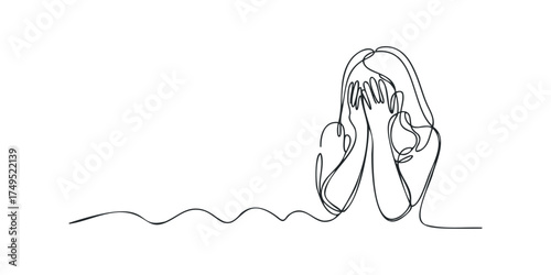 Sad Person Hiding Face With Hands Single Line Drawing