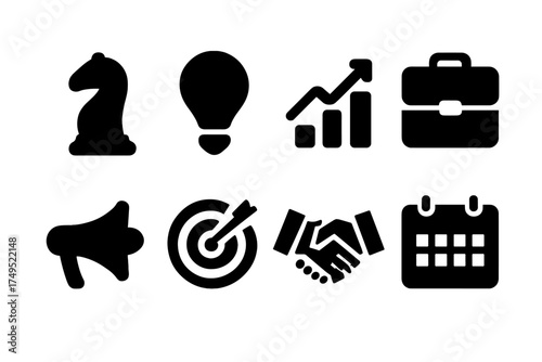 Brand Strategy Icons. Brand Strategy. Filled icon set of Brand Strategy: chess piece, light bulb, graph,