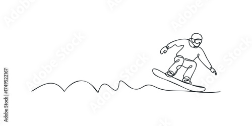 Single line drawing of a person snowboarding down a slope