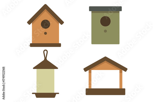 Set of different wooden birdhouses and outdoor bird feeders for wild birds