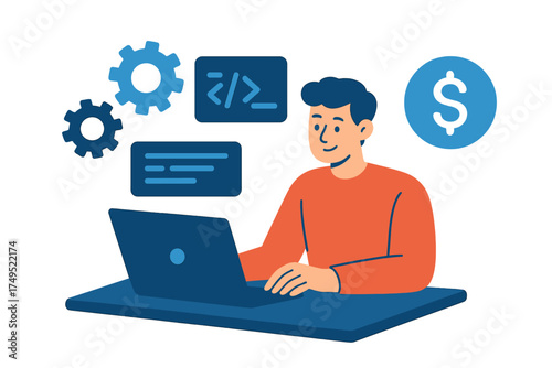 Young man working on laptop surrounded by coding, development, and monetization symbols