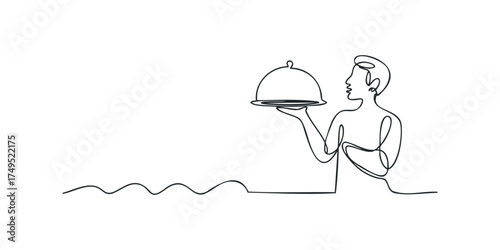Continuous line drawing of person serving covered dish