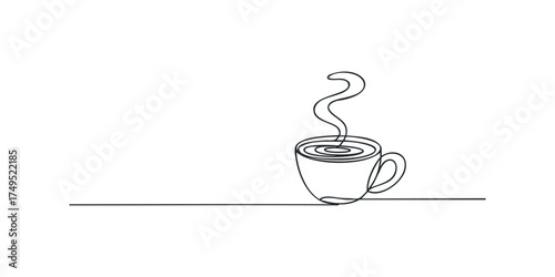 Single line drawing of a steaming coffee cup