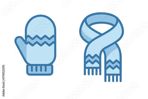 Blue knitted mitten and warm winter scarf with zigzag pattern for cold weather protection