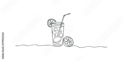 Single line drawing of a tall glass of iced drink with lemon slice and ice cubes