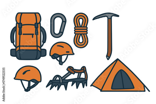 Essential outdoor adventure and mountaineering equipment including backpack, helmets, rope, ice axe, and tent