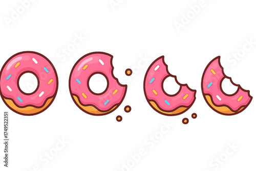 Sweet pink glazed donut consumption stages showing whole, bitten, and nearly finished pieces