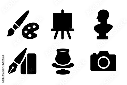 Art Icon Set. Art for Adults. Filled icon set of Art for Adults: paintbrush, oil palette, canvas on easel,