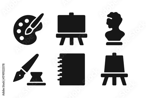 Professional Art Icons. Professional Art. Filled icon set of Professional Art: oil palette, brush, canvas,