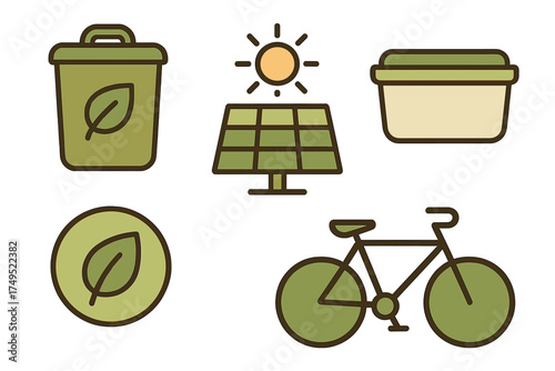 Sustainable ecology symbols featuring solar energy, recycling, reusable packaging, and transport