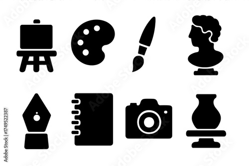 Fine Arts Icon Set. Fine Arts. Filled icon set of Fine Arts: canvas on easel, oil palette, brush, sculpture